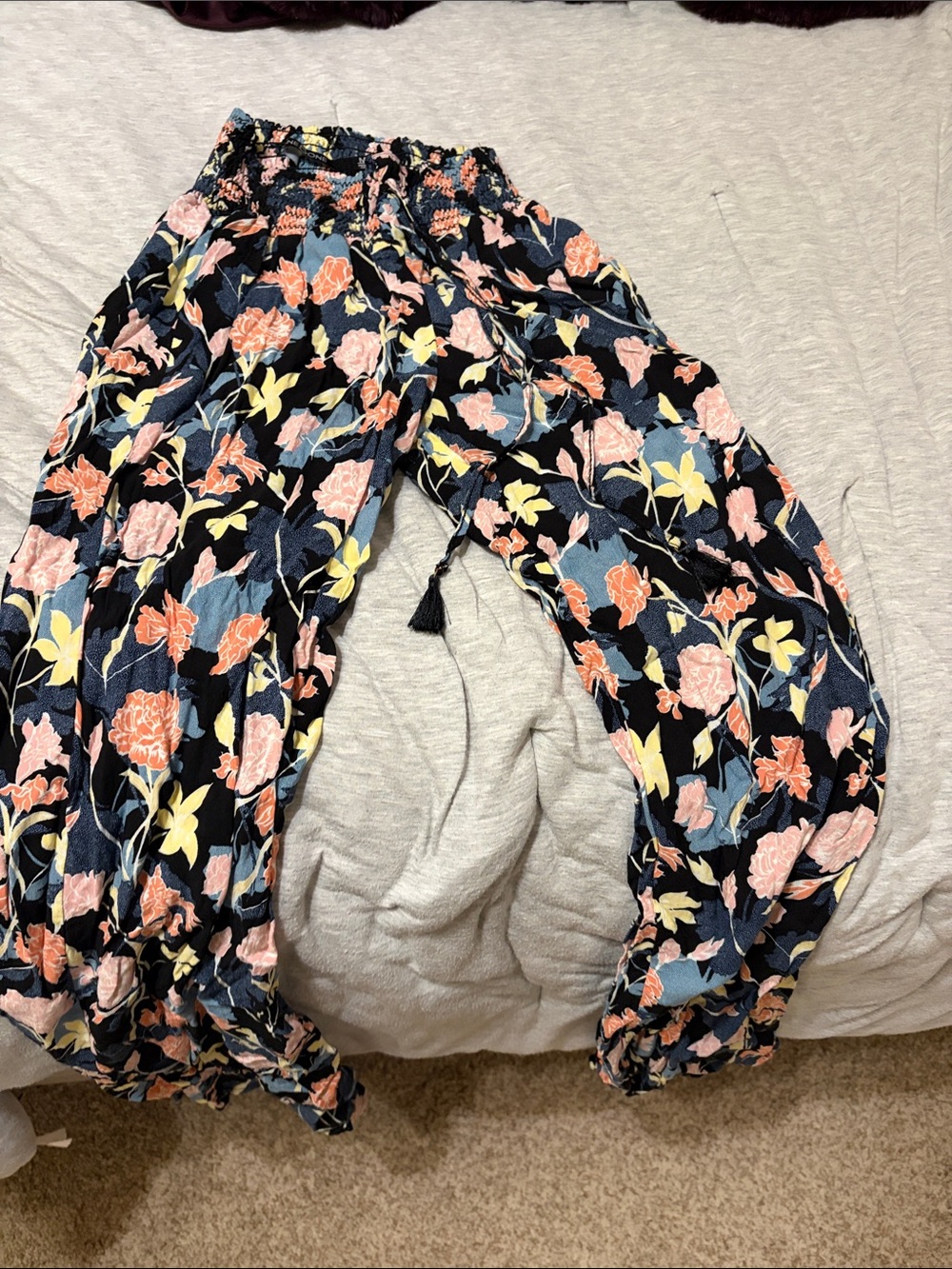 one 5 one Navy Wide-Leg Floral Smocked Waist Pants